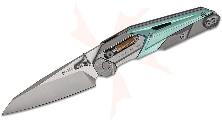 NOC Knives MT-33 Crossbar Lock Front Flipper Knife 3.55 inch M390 Satin Wharncliffe Blade, Green and Gray Titanium Handles, Reversible Clip