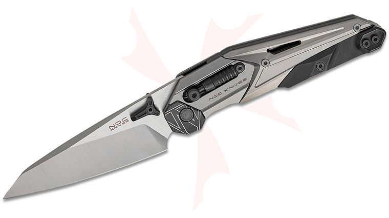 NOC Knives MT-33 Crossbar Lock Front Flipper Knife 3.55 inch M390 Satin Wharncliffe Blade, Black and Gray Titanium Handles, Reversible Clip