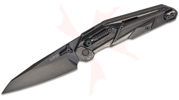 NOC Knives MT-33 Crossbar Lock Front Flipper Knife 3.55 inch M390 Brushed Black DLC Wharncliffe Blade, Zirconium Alloy Handles with Black Titanium Scales, Reversible Clip