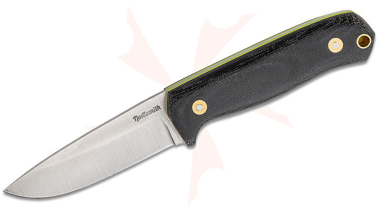 Nordsmith Pilgrim LT 3.75 inch AEB-L Fixed Blade Knife, Black Micarta Handles with Toxic Green Liners, Leather Sheath