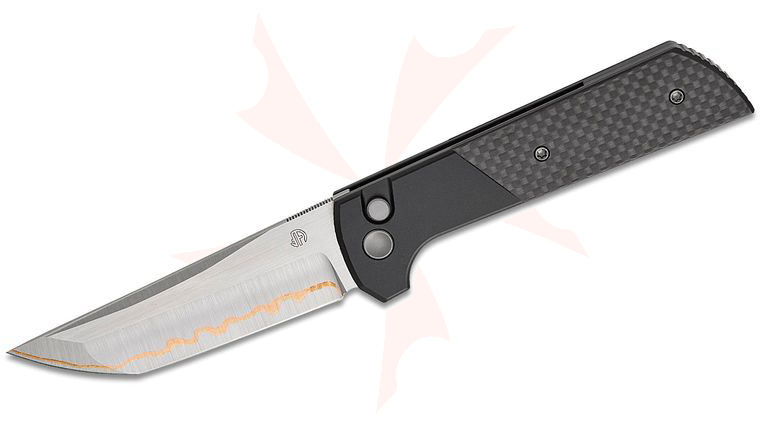 North Mountain Blade Chop 2 Button Lock Flipper Knife 3.5 inch Copper Damascus Tanto Blade, Bolstered Black Titanium Handles with Carbon Fiber Inlays