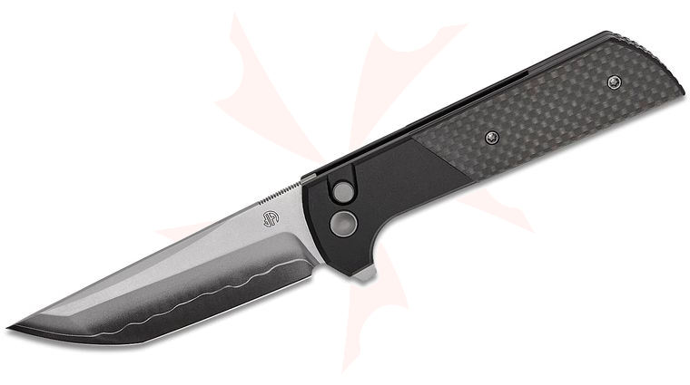 North Mountain Blade Chop 2 Button Lock Flipper Knife 3.5 inch SLD Hamon Tanto Blade, Bolstered Black Titanium Handles with Carbon Fiber Inlays