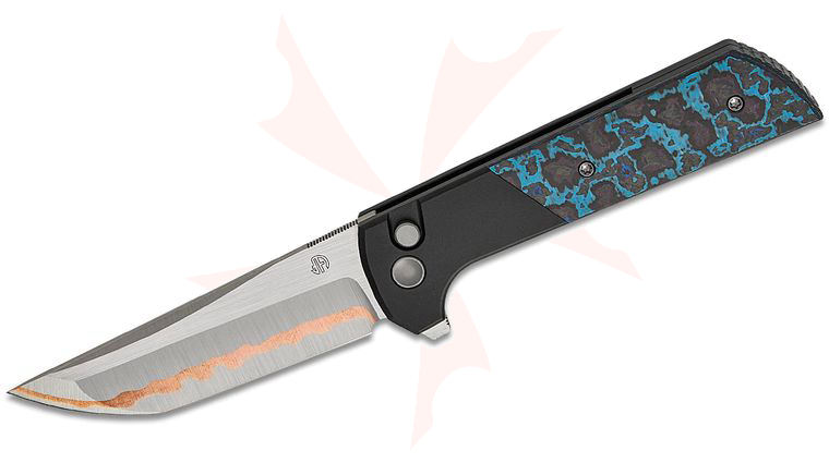 North Mountain Blade Chop 2 Button Lock Flipper Knife 3.5 inch SLD/Copper Damascus Tanto Blade, Bolstered Black Titanium Handles with Blue Galaxy Ceramic Carbon Fiber Inlays