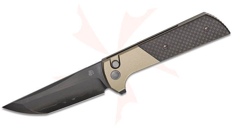 North Mountain Blade Chop 2 Button Lock Flipper Knife 3.5 inch SLD Hamon Black DLC Tanto Blade, Bolstered Green Titanium Handles with Carbon Fiber Inlays