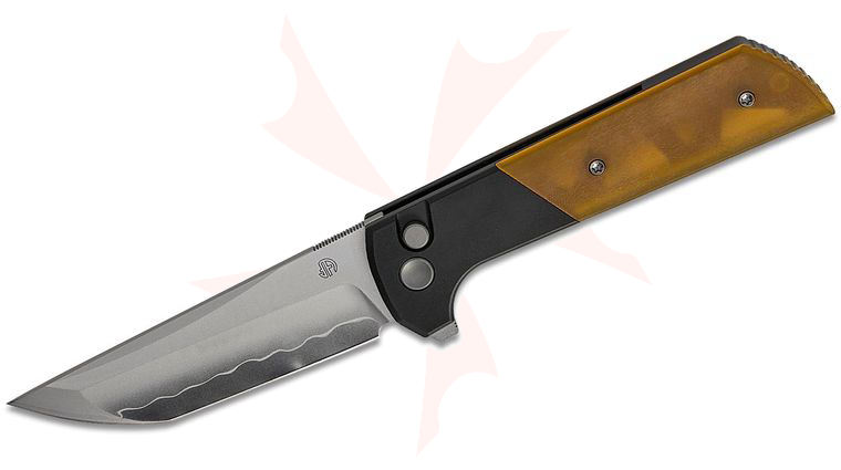 North Mountain Blade Chop 2 Button Lock Flipper Knife 3.5 inch SLD Hamon Tanto Blade, Bolstered Black Titanium Handles with Ultem (PEI) Inlays