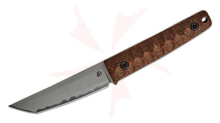 North Mountain Blade Chop Mini Fixed Blade Knife 3.50 inch Hand Polished SLD Hamon Tanto Blade, Brown Burlap Micarta Handles, Kydex Sheath