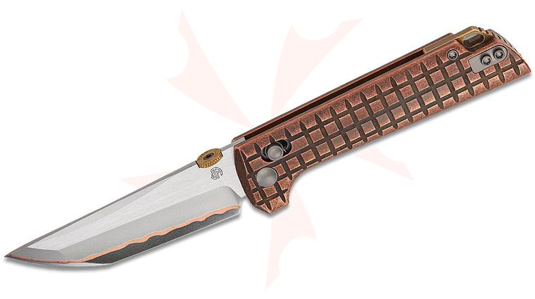 North Mountain Blade Chop Crossbar Lock Folding Knife 3.5 inch Copper Damascus Tanto Blade, Copper Grid Handles