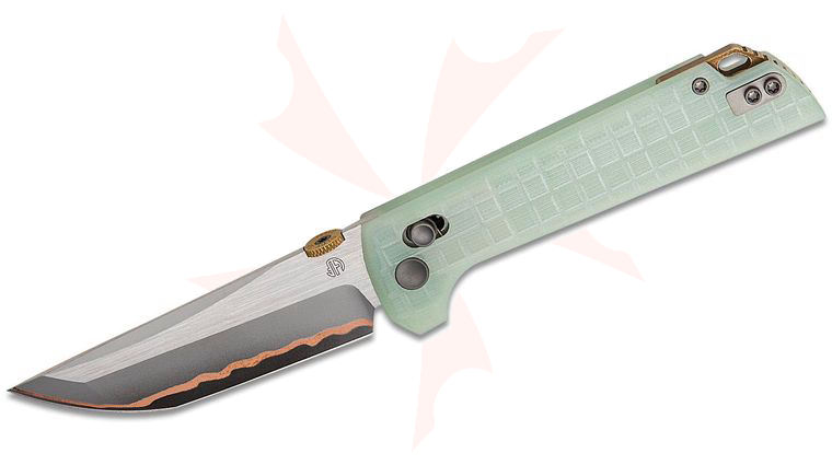 North Mountain Blade Chop Crossbar Lock Folding Knife 3.5 inch Copper Damascus Tanto Blade, Natural (Jade) Frag Pattern G10 Handles