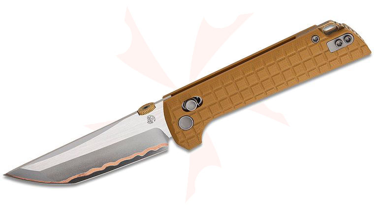 North Mountain Blade Chop Crossbar Lock Folding Knife 3.5 inch Copper Damascus Tanto Blade, Tan Frag Pattern G10 Handles