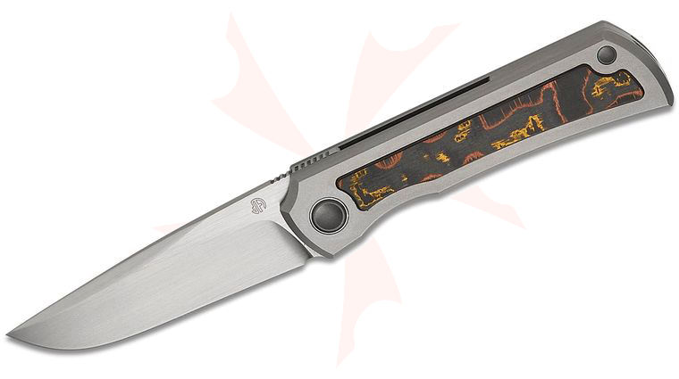 North Mountain Blade Sun Frame Lock Front Flipper Knife 2.5 inch M390 Hand Brushed Satin Clip Point Blade, Blasted Titanium Handles with Copper Carbon Fiber Inlays