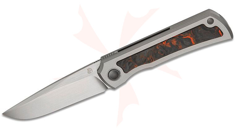 North Mountain Blade Sun Frame Lock Front Flipper Knife 2.5 inch M390 Hand Brushed Satin Clip Point Blade, Blasted Titanium Handles with Copper Carbon Fiber Inlays