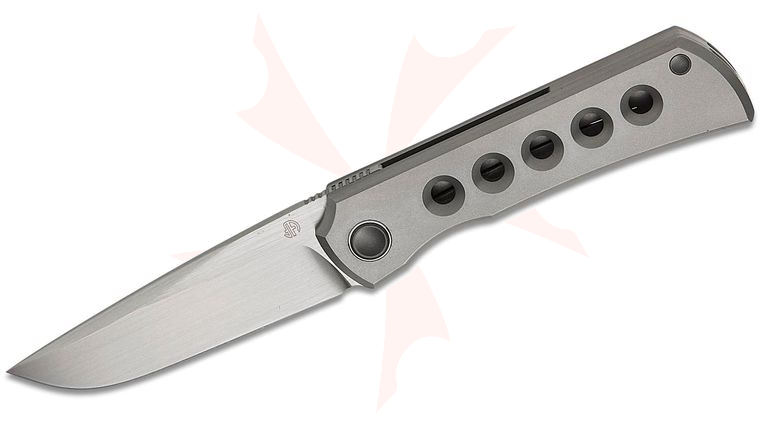 North Mountain Blade Sun Frame Lock Front Flipper Knife 2.5 inch M390 Hand Brushed Satin Clip Point Blade, Blasted Titanium Handles with Speed Holes