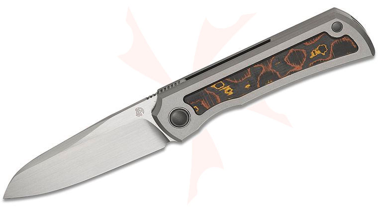 North Mountain Blade Moon Frame Lock Front Flipper Knife 2.5 inch M390 Hand Brushed Satin Wharncliffe Blade, Blasted Titanium Handles with Copper Carbon Fiber Inlays
