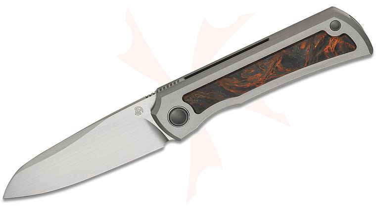 North Mountain Blade Moon Frame Lock Front Flipper Knife 2.5 inch M390 Hand Brushed Satin Wharncliffe Blade, Blasted Titanium Handles with Black Copper Carbon Fiber Inlays