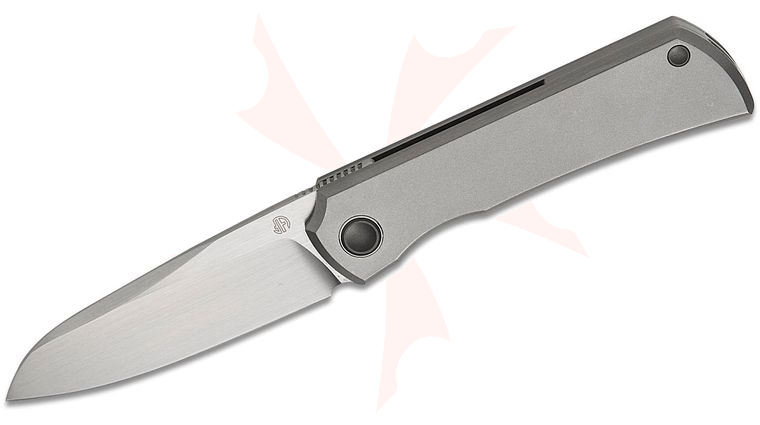 North Mountain Blade Moon Frame Lock Front Flipper Knife 2.5 inch M390 Hand Brushed Satin Wharncliffe Blade, Blasted Titanium Handles