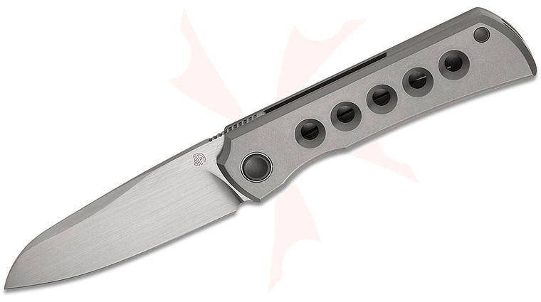 North Mountain Blade Moon Frame Lock Front Flipper Knife 2.5 inch M390 Hand Brushed Satin Wharncliffe Blade, Blasted Titanium Handles with Speed Holes
