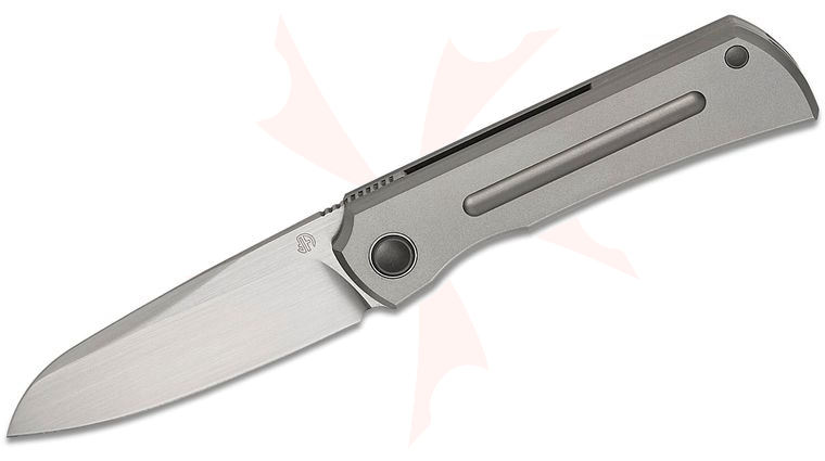 North Mountain Blade Moon Frame Lock Front Flipper Knife 2.5 inch M390 Hand Brushed Satin Wharncliffe Blade, Blasted Titanium Handles with Milled Stripe