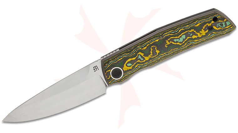 North Mountain Blade Guardian Liner Lock Front Flipper Knife 3.38 inch SLD Satin/Hamon Spear Point Blade, Toxic Green Ceramic Carbon Fiber Handles