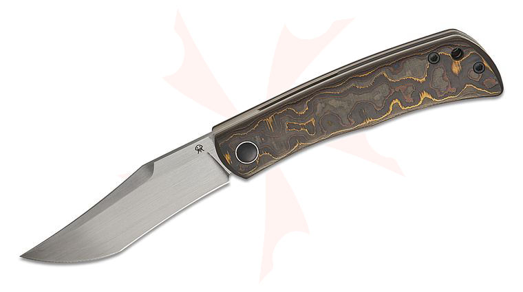 North Mountain Blade Jellyfish Liner Lock Front Flipper Knife 3 inch ZDP-189 Satin Recurve Clip Point Blade, Gold Swirl Ceramic Carbon Fiber Handles
