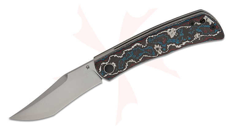 North Mountain Blade Jellyfish Liner Lock Front Flipper Knife 3 inch ZDP-189 Satin Recurve Clip Point Blade, Red/White/Blue Ceramic Carbon Fiber Handles