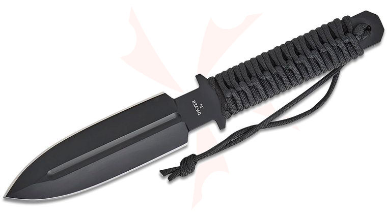 North Mountain Blade Duane Dwyer JW Fixed Blade Knife 6.75 inch CPM-3V Black Cerakote Double-Edge Dagger Blade, Black Cord Wrapped Handles, Custom Kydex Sheath
