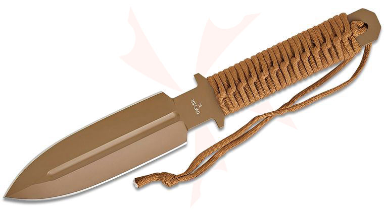 North Mountain Blade Duane Dwyer JW Fixed Blade Knife 6.75 inch CPM-3V Brown Cerakote Double-Edge Dagger Blade, Brown Cord Wrapped Handles, Custom Kydex Sheath
