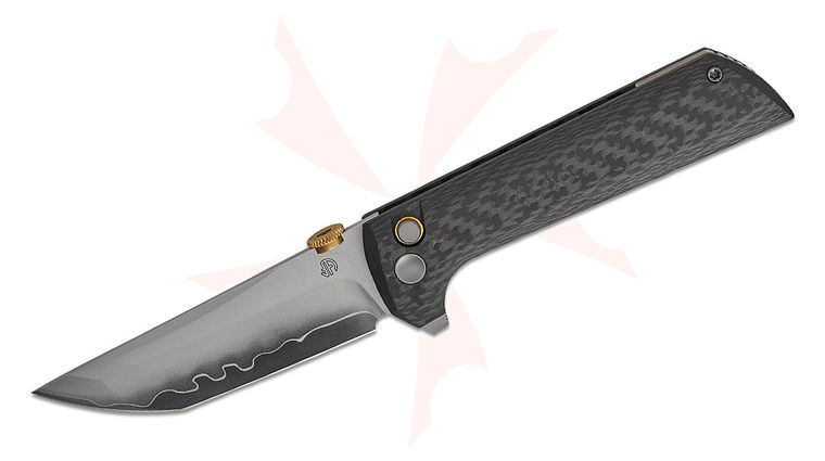 North Mountain Blade Chop 2 Button Lock Flipper Knife 3.5 inch SLD Hamon Tanto Blade, 3K Carbon Fiber Handles