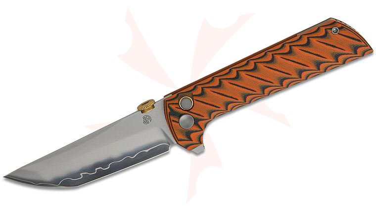 North Mountain Blade Chop 2 Button Lock Flipper Knife 3.5 inch SLD Hamon Tanto Blade, Orange/Black G10 Handles - KnifeCenter Exclusive