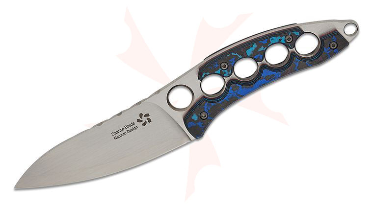 North Mountain Blade Nemoto Shura Fixed Blade Knife 3.5 inch ZDP-189 Satin Drop Point Blade, Blue Ceramic Carbon Fiber Handles, Kydex Sheath