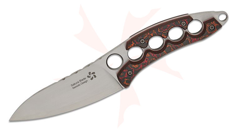 North Mountain Blade Nemoto Shura Fixed Blade Knife 3.5 inch ZDP-189 Satin Drop Point Blade, Red and Orange Ceramic Carbon Fiber Handles, Kydex Sheath