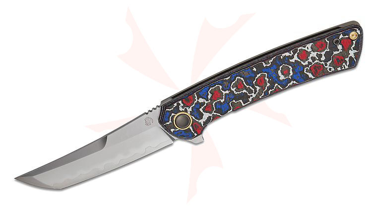 North Mountain Blade Zero Frame Lock Flipper Knife 3.5 inch SLD Hamon Tanto Blade, Red/Blue Ceramic Carbon Fiber and Titanium Handles