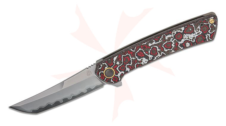 North Mountain Blade Zero Frame Lock Flipper Knife 3.5 inch SLD Hamon Tanto Blade, Red/White Ceramic Carbon Fiber and Titanium Handles