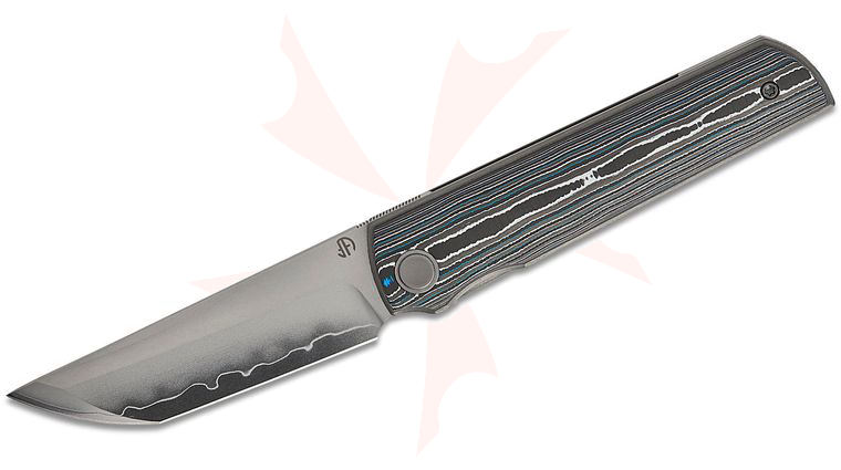 North Mountain Blade Chop 4 Front Flipper Knife 3.5 inch SLD Hamon Tanto Blade, Blue/Purple Ceramic Carbon Fiber Handle