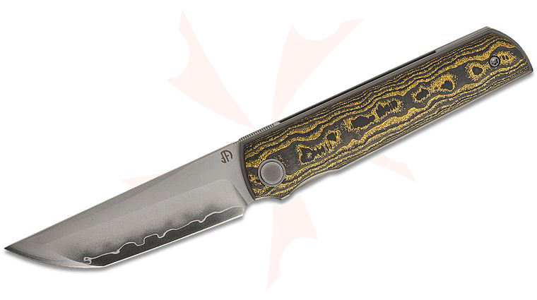 North Mountain Blade Chop 4 Front Flipper Knife 3.5 inch SLD Hamon Tanto Blade, Gold Ceramic Carbon Fiber Handle