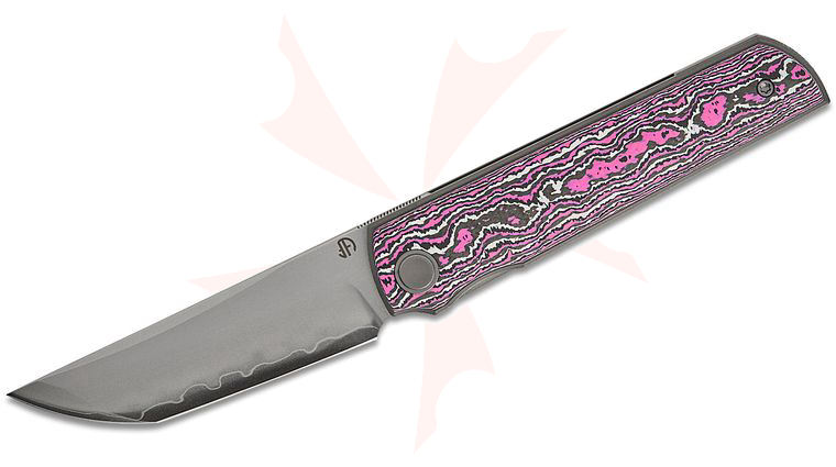 North Mountain Blade Chop 4 Front Flipper Knife 3.5 inch SLD Hamon Tanto Blade, Fluorescent Pink Ceramic Carbon Fiber Handle