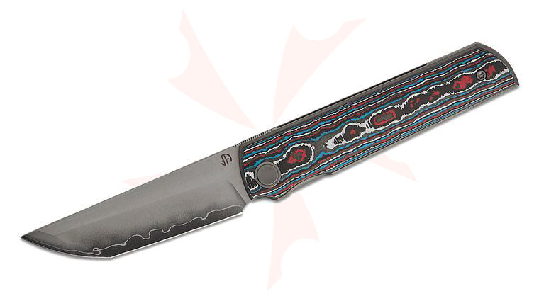 North Mountain Blade Chop 4 Front Flipper Knife 3.5 inch SLD Hamon Tanto Blade, Red/Blue Ceramic Carbon Fiber Handle