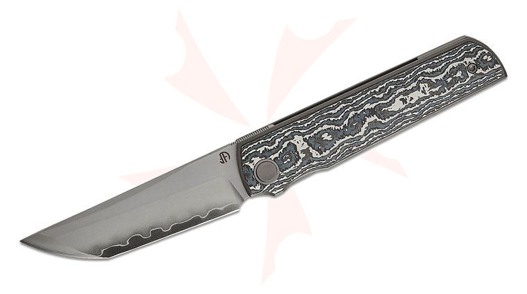 North Mountain Blade Chop 4 Front Flipper Knife 3.5 inch SLD Hamon Tanto Blade, White Ceramic Carbon Fiber Handle