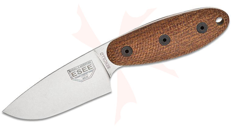 ESEE Knives Sencillo Fixed Blade Knife 3 inch A2 Stonewashed Drop Point Blade, 3D Machined Brown Burlap Micarta Handles, Kydex Sheath