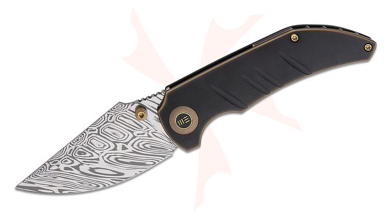 We Knife Company Matt Christensen Riff-Raff Folding Knife 3.12 inch Heimskringla Damasteel Clip Point Blade, Black/Bronze Titanium Handles