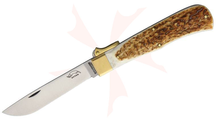 Otter Mercator #05 Safety Folding Knife 3.93 inch C75 Carbon Steel Drop Point Blade, Stag Handle with Brass Bolster