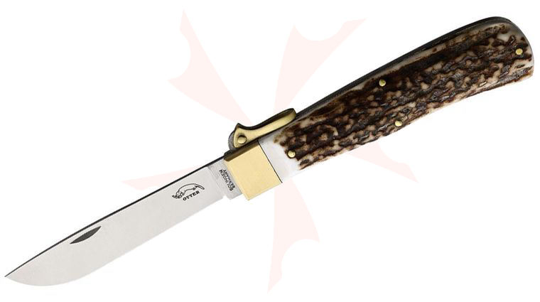 Otter Mercator #05 Safety Folding Knife 3.93 inch Stainless Steel Satin Drop Point Blade, Stag Handle with Brass Bolster
