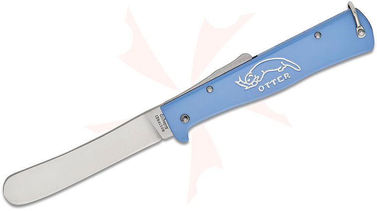 Otter Mercator Lockback Folding Knife 3.5 inch Stainless Satin Humpback Blunt Tip Blade, Blue Stainless Steel Handles