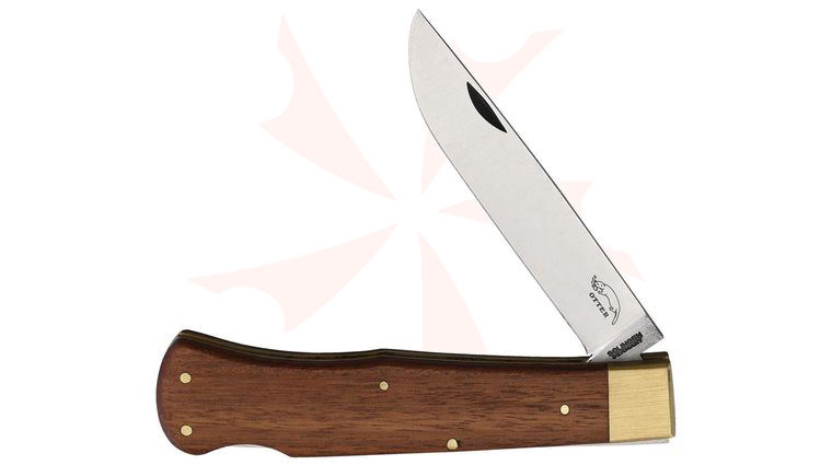 Otter Mercator #07 Folding Knife 3.75 inch Carbon Steel Satin Drop Point Blade, Sapeli Wood Handle with Brass Bolster