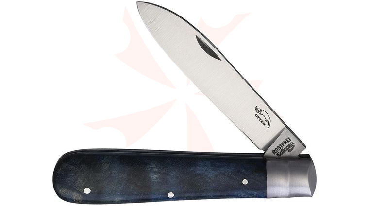 Otter  inchDraco inch Classic Folding Knife 3.35 inch Stainless Steel Satin Drop Point Blade, Blue Stabilized Poplar Wood Handles with Stainless Steel Bolster