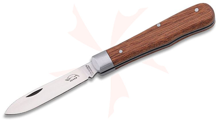 Otter Small Classic Folding Knife 2.75 inch Carbon Steel Satin Drop Point Blade, Sapeli Wood Handles with Stainless Steel Bolster