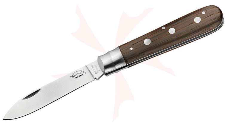 Otter 3-Rivet Folding Knife 3.5 inch Carbon Steel Satin Drop Point Blade, Smoked Oak Wood Handles with Stainless Steel Bolsters