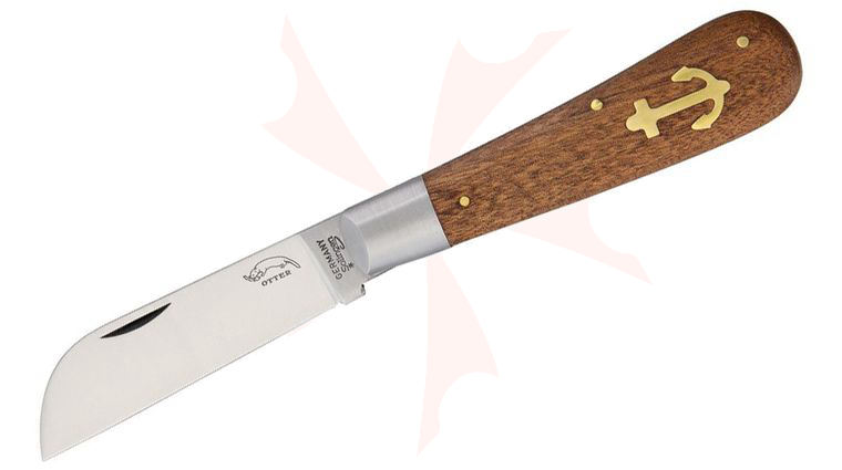 Otter Large Anchor Slipjoint Knife 2.75 inch Carbon Steel Satin Sheepsfoot Blade, Sapeli Wood Handles with Brass Anchor Inlay