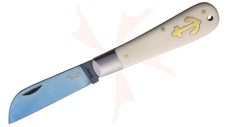 Otter Anchor Slipjoint Knife 3.15 inch C75 Blue Sheepsfoot Blade, Elforyn Handles with Brass Anchor Inlay