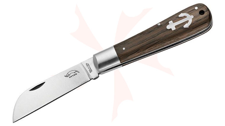 Otter Small Anchor Slipjoint Knife 2.75 inch Carbon Steel Satin Sheepsfoot Blade, Smoked Oak Wood Handles with Anchor Inlay