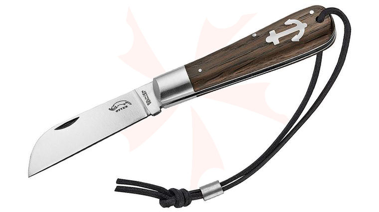 Otter Large Anchor Slipjoint Knife 3.13 inch Carbon Steel Satin Sheepsfoot Blade, Smoked Oak Wood Handles with Anchor Inlay, Leather Lanyard